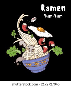 Bowl noodles. Ramen logo. Asian food. Chinese, Korean, Japanese cuisine. Logo template. Hand drawn vector illustration.