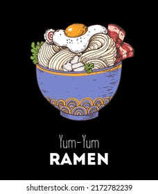 Bowl noodles. Ramen logo. Asian food. Chinese, Korean, Japanese cuisine. Logo template. Hand drawn vector illustration.