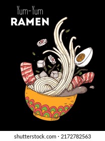 Bowl noodles. Ramen logo. Asian food. Chinese, Korean, Japanese cuisine. Logo template. Hand drawn vector illustration.