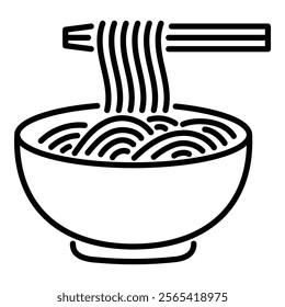 A bowl of noodles, representing quick meals, Asian cuisine, and comfort food round line vector icon with editable stroke 