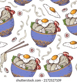 Bowl noodles seamless pattern. Ramen bowl background. Asian food. Chinese, Korean, Japanese cuisine. Design template. Hand drawn vector illustration.