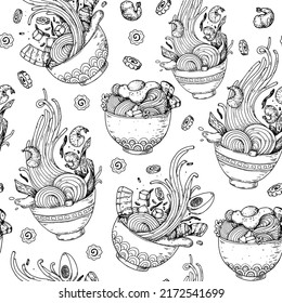 Patrón sin fideos Bowl. Fondo del boceto del tazón de Ramen. La comida asiática. Cocina china, coreana y japonesa. Plantilla de diseño. Ilustración vectorial dibujada a mano.