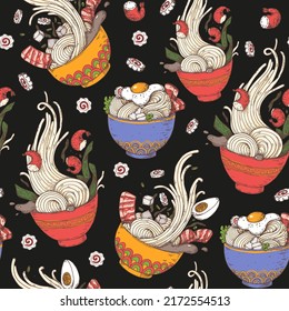 Bowl noodles seamless pattern. Ramen bowl background. Asian food. Chinese, Korean, Japanese cuisine. Design template. Hand drawn vector illustration.