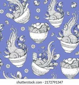 Bowl noodles seamless pattern. Ramen bowl sketch background. Asian food. Chinese, Korean, Japanese cuisine. Design template. Hand drawn vector illustration.