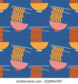 Bowl noodles seamless pattern. Ramen bowl background. Asian food. Chinese, Korean, Japanese cuisine. Design template. Hand drawn vector illustration.