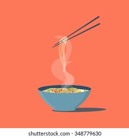 Bowl of noodles with shrimps, eggs and parsley. Chopsticks hovering above. Wan mian. South East Asian cuisine. Isolated vector illustration.