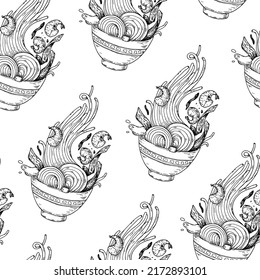 Bowl noodles sketch. Korean Ramen. Seamless pattern. Asian food. Chinese, Korean, Japanese cuisine. Package design. Hand drawn vector illustration