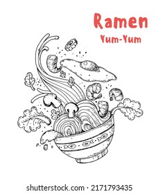 Bowl noodles sketch. Ramen logo. Asian food. Chinese, Korean, Japanese cuisine. Logo template. Hand drawn vector illustration.