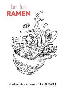 Bowl noodles sketch. Ramen logo. Asian food. Chinese, Korean, Japanese cuisine. Logo template. Hand drawn vector illustration.