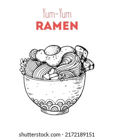 Bowl noodles sketch. Ramen logo. Asian food. Chinese, Korean, Japanese cuisine. Logo template. Hand drawn vector illustration.