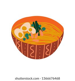 Bowl of Noodles Soup with Boiled Egg, Traditional Chinese or Japanese Food, Ramen Noodles Vector Illustration