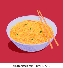 Bowl of noodles soup with chopsticks. Vector illustration