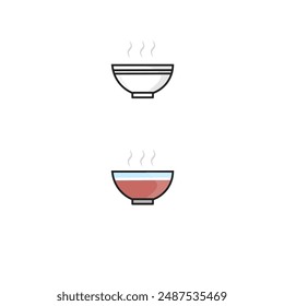 Bowl of noodles or soup simple outline and fill icon.Hot steaming food serving in bowl simple flat vector icon.Flat design vector pictogram, for restaurant design app logo web website. 