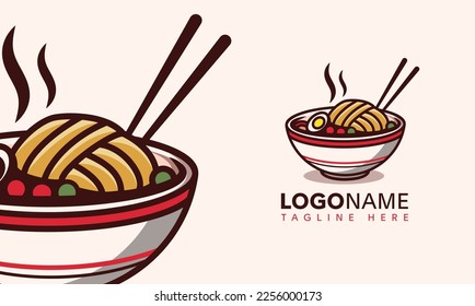 tazón con fideos y sopa con el logo de la mascota vegetal ilustración de comida asiática