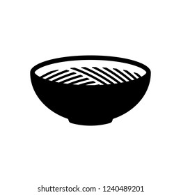 Bowl of noodles without chopsticks. Icon of asian or italian food. Black icon on white background