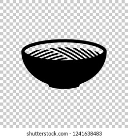 Bowl of noodles without chopsticks. Icon of asian or italian food. Black symbol on transparent background