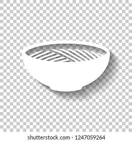 Bowl of noodles without chopsticks. Icon of asian or italian food. White icon with shadow on transparent background