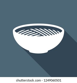 Bowl of noodles without chopsticks. Icon of asian or italian food. White flat icon with long shadow on blue background