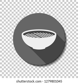 Bowl of noodles without chopsticks. Icon of asian or italian food. flat icon, long shadow, circle, transparent grid. Badge or sticker style