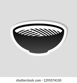 Bowl of noodles without chopsticks. Icon of asian or italian food. Sticker style with white border and simple shadow on gray background