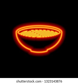 Bowl of noodles without chopsticks. Icon of asian or italian food. Orange neon style on black background. Light icon