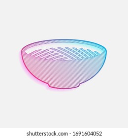 Bowl of noodles without chopsticks. Icon of asian or italian food. Colored logo with diagonal lines and blue-red gradient. Neon graphic, light effect