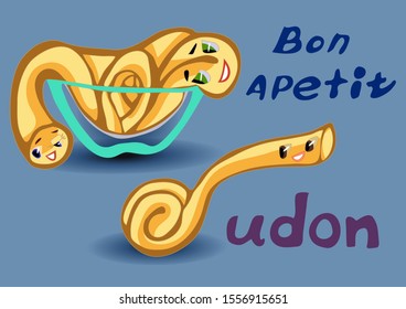 Bowl with noodles. Words in English "udon", "bon apetit". Cartoon. Illustrations for uplifting. Smiling noodles. In color