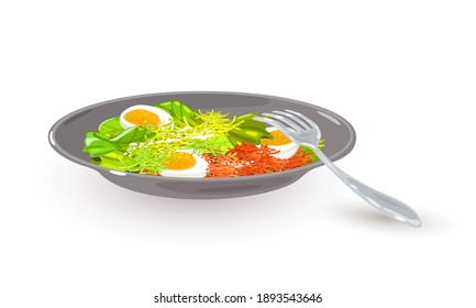 Bowl of nutritious and delicious ingredients, boiled eggs, veggies, greenery. Vector vegetarian meal for breakfast, organic products idea isolated on white background