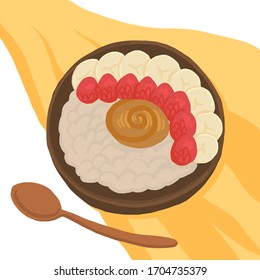 Bowl of oatmeal with a banana and raspberries, peanut butter, on yellow cloth background. coconut shell bowl, healthy dish for Breakfast, top view.