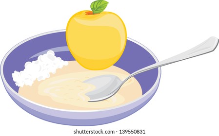 Bowl with oatmeal, curd and apple. Vector