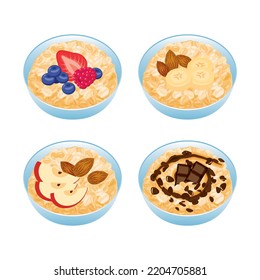 Bowl of oatmeal with fruits, nuts and chocolate icon set vector. Healthy cereal breakfast icons vector isolated on a white background. Oat flakes breakfast design element collection