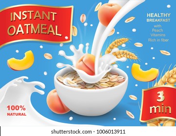 Bowl Of Oatmeal With Peach Oat Flakes Or Muesli Advertising Template Vector Illustration With Big Milk Splash