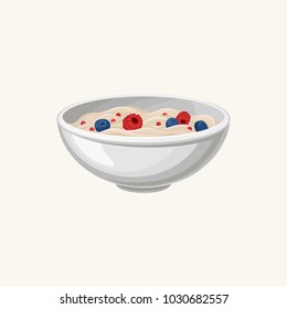 Bowl of oatmeal porridge with fresh blueberries and raspberries. Healthy and delicious breakfast. Tasty food. Flat design for recipe book. Cartoon vector illustration