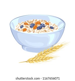 Bowl of oatmeal with raisins and ears of wheat isolated on white background. Vector illustration of a healthy food in a flat style. Cereal natural breakfast.