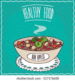 Bowl of oatmeal with slices of apple and berries, similar to muesli or granola, lie on lacy napkin. Cyan background and lettering Healthy food. Handmade cartoon style. Vector illustration