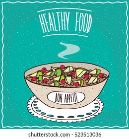 Bowl of oatmeal with slices of pear and berries, similar to muesli or granola, lie on lacy napkin. Cyan background and lettering Healthy food. Handmade cartoon style. Vector illustration