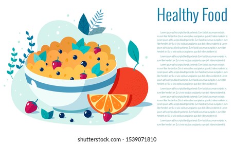 Bowl of oatmeal with strawberries and blueberries and cup of green tea. Vector flat illustration of healthy breakfast.