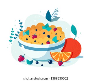 Bowl of oatmeal with strawberries and blueberries. Vector flat illustration of healthy breakfast.