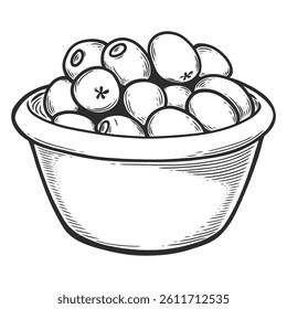 Bowl of olives in line art style. Engraving. Vector illustration of a plate with olives. Hand drawn sketch