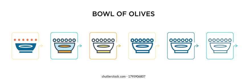 Bowl of olives vector icon in 6 different modern styles. Black, two colored bowl of olives icons designed in filled, outline, line and stroke style. Vector illustration can be used for web, mobile,