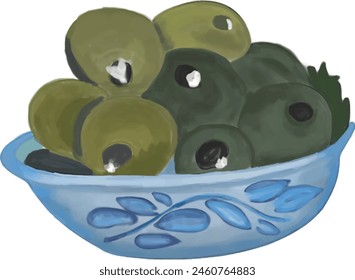 Bowl of olives watercolor illustration, olives T-shirt design.