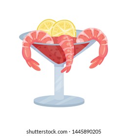 Bowl on a high leg with red sauce and shrimps. Vector illustration on white background.