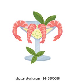 Bowl on a high leg with sauce and shrimps. Vector illustration on white background.