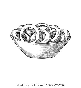 Schüssel mit Zwiebelringen einzeln auf weißem Hintergrund. Handgezeichnete Vektorgrafik.