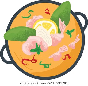 Bowl orange broth with green leaf, lemon slice and pink shrimp, concept restaurant foodstuff flat vector illustration, isolated on white. Delicious bouillon meal, delicacy cream soup.