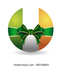 Bowl painted in the colors of the Irish flag tied with green ribbon with a bow. Realistic icon with an Irish flag isolated on white background. Vector illustration