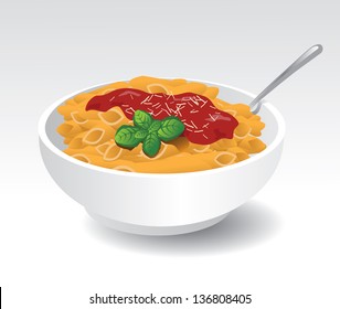 Bowl Of Pasta With Tomato Sauce And Fresh Basil. EPS 10 Vector, Grouped For Easy Editing. No Open Shapes Or Paths.