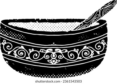 Bowl with a pattern. Linocut, graphics. Vector element.