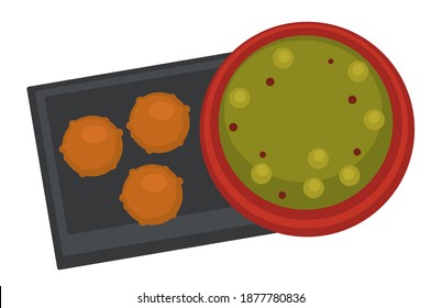 Bol avec soupe de pois et épices servi par des boulettes de viande ou des petits pains. Cuisine savoureuse au dîner, au petit-déjeuner ou au déjeuner. Faible calorie et alimentation saine dehors. Recette pour le menu du restaurant. Image vectorielle à plat