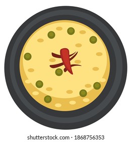 Bowl with pea soup for vegetarians and vegans. Low calories meal made of veggies. Plate with hot dish and chilli pepper, spicy creamy bean broth. Recipe for restaurant menu. Vector in flat style